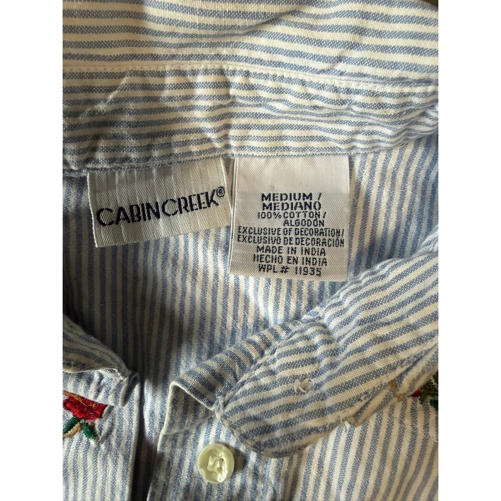Cabin Creek Womens Blue White Pinstripe Floral Embroidered Cotton Shirt Medium - Picture 3 of 5